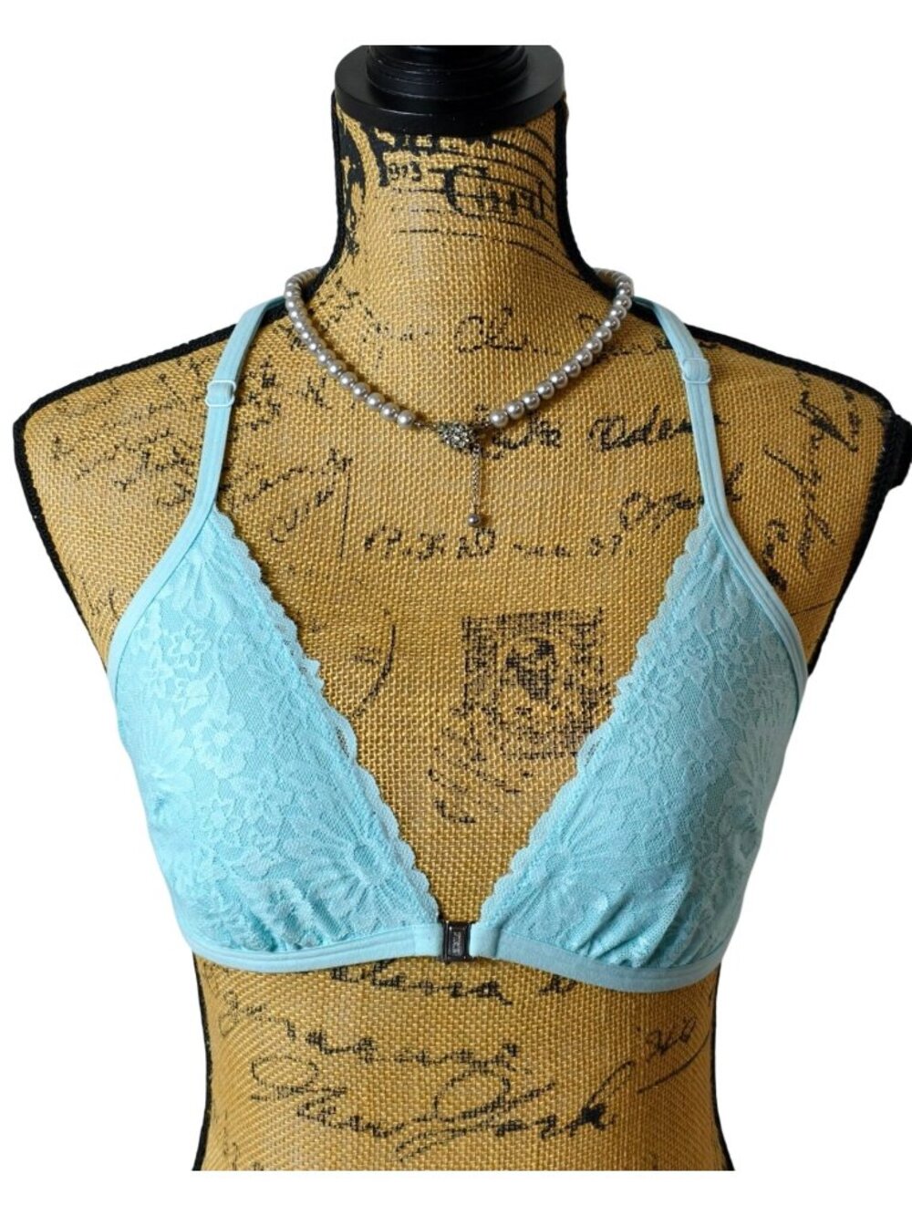 PINK Victorias Secret M Triangle Bralette Blue Lace Front Closure Strappy Side